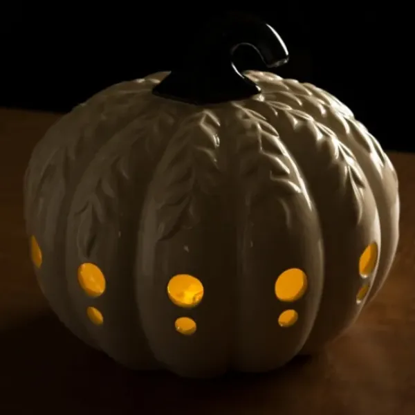 Lanterns-Kirkland's Home Ceramic Leaf Pre-Lit Pumpkin Lantern White