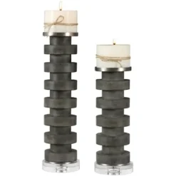 Candle Holders-Kirkland's Home Charcoal Concrete 2-Pc. Candle Holder Set Black/White