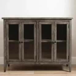 Cabinets & Sideboards-Kirkland's Home Charcoal 4-Door Windowpane Wooden Cabinet Gray