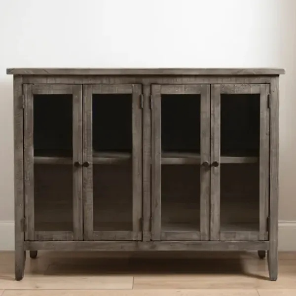 Cabinets & Sideboards-Kirkland's Home Charcoal 4-Door Windowpane Wooden Cabinet Gray