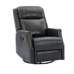 Accent Chairs-Kirkland's Home Charcoal Genuine Leather Swivel Recliner Black