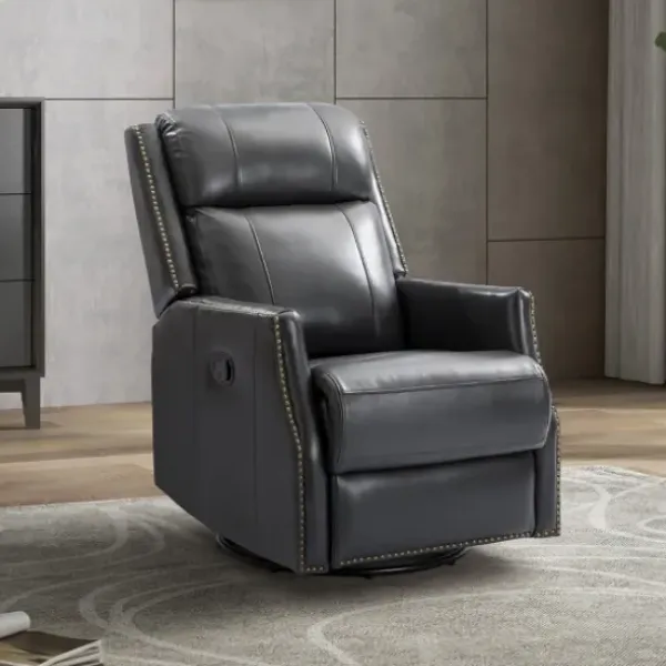 Accent Chairs-Kirkland's Home Charcoal Genuine Leather Swivel Recliner Black