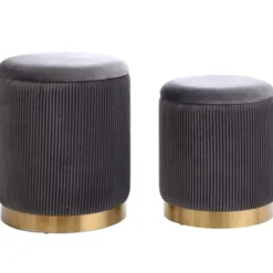 Benches & Ottomans-Kirkland's Home Charcoal Ribbed Velvet Nesting Ottomans, Set Of 2 Gray