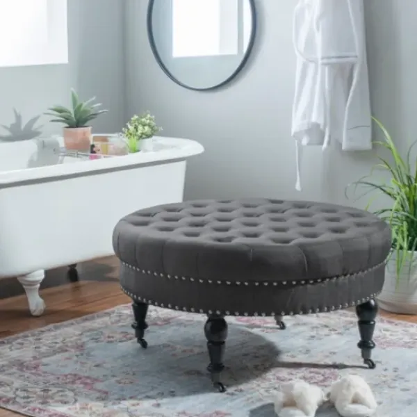 Benches & Ottomans-Kirkland's Home Charlotte Tufted Round Charcoal Ottoman Gray