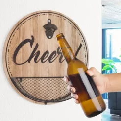 Wall Quotes & Signs-Kirkland's Home Cheers Bottle Opener Cap Catcher Wall Decoration Brown/Black/Tan