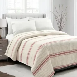 Quilts-Kirkland's Home Cherry Red Pick Stitch Stripe Queen Quilt Red/White