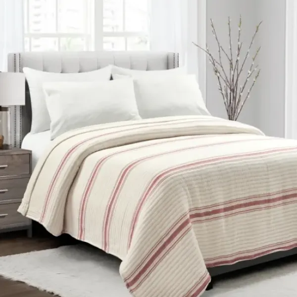 Quilts-Kirkland's Home Cherry Red Pick Stitch Stripe Queen Quilt Red/White