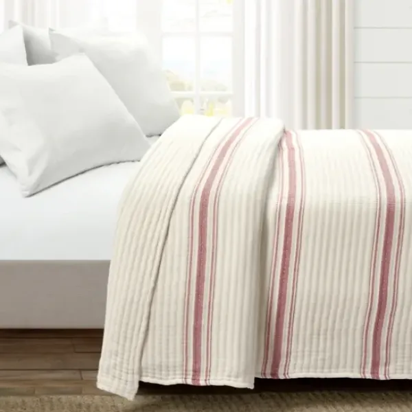 Quilts-Kirkland's Home Cherry Red Pick Stitch Stripe King Quilt Red/White