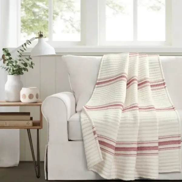 Blankets & Throws-Kirkland's Home Cherry Red Pick Stitch Stripe Decorative Throw Red/White
