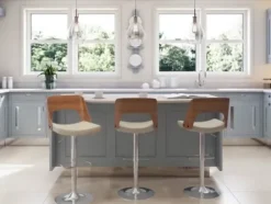 Bar Stools & Counter Height Stools-Kirkland's Home Cherry Wood And Leather Swivel Bar Stool Ivory