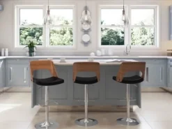 Bar Stools & Counter Height Stools-Kirkland's Home Cherry Wood And Leather Swivel Bar Stool Black