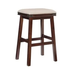 Bar Stools & Counter Height Stools-Kirkland's Home Chestnut Wood Upholstered Leather Bar Stool Tan
