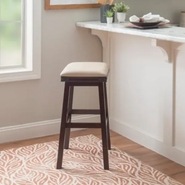Bar Stools & Counter Height Stools-Kirkland's Home Chestnut Wood Upholstered Leather Bar Stool Tan