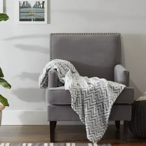 Blankets & Throws-Kirkland's Home Chevron Plush Throw Gray
