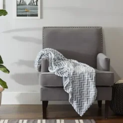 Blankets & Throws-Kirkland's Home Chevron Plush Throw Blue