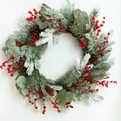 Wreaths-Kirkland's Home Chilled Eucalyptus And Pineberry Wreath Green/Red/White