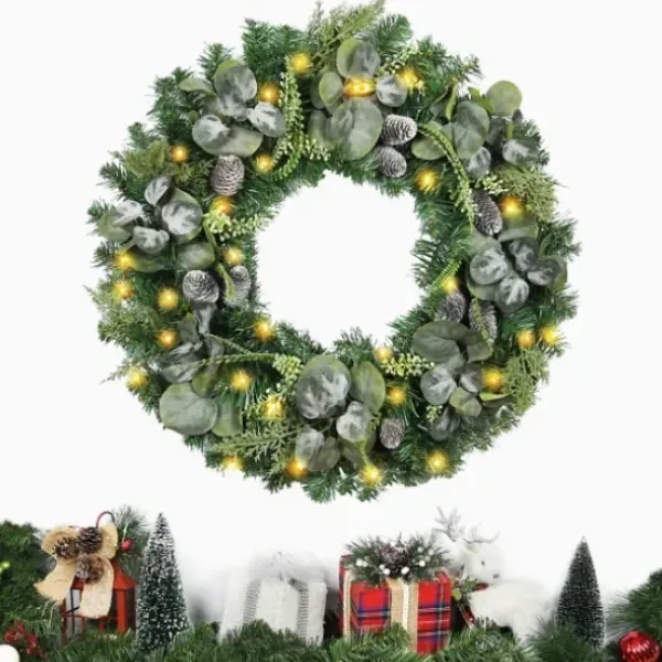 Wreaths-Kirkland's Home Christmas Eucalyptus Pine Mix Pre-Lit Wreath Green