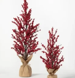 Trees & Topiaries-Kirkland's Home Christmas Red Berry Burlap Trees, Set Of 2 Red/Brown