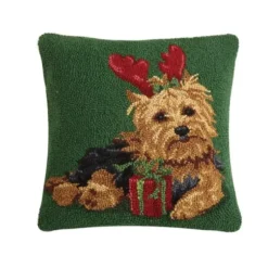 Pillows-Kirkland's Home Christmas Yorkie Wool Pillow Green/Brown