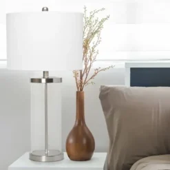 Table Lamps-Kirkland's Home Clear Glass And Nickel Cylindrical Table Lamp White