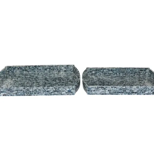 Decorative Trays-Kirkland's Home Coastal Wood And Oyster Shell Trays, Set Of 2 Blue