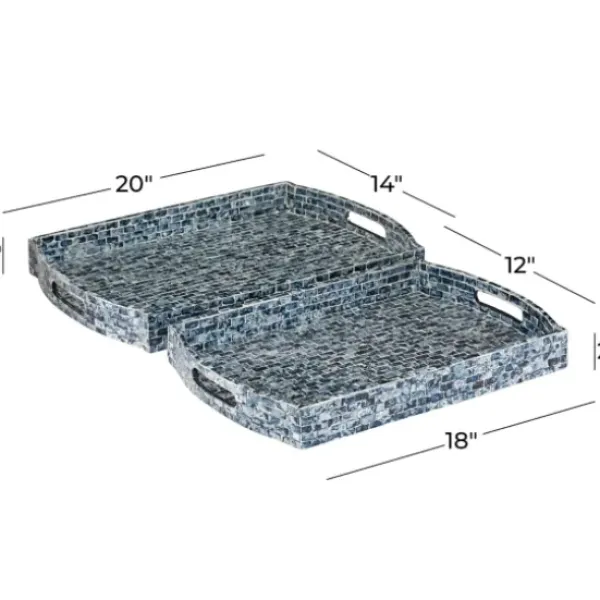 Decorative Trays-Kirkland's Home Coastal Wood And Oyster Shell Trays, Set Of 2 Blue