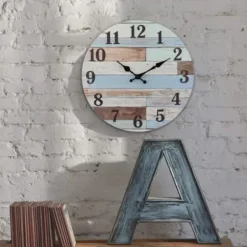 Clocks-Kirkland's Home Coastal Worn Blue And White Wooden Wall Clock