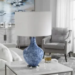 Table Lamps-Kirkland's Home Cobalt Blue Swirl Carved Glass Table Lamp White