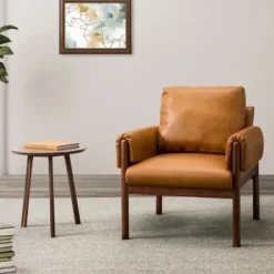 Accent Chairs-Kirkland's Home Cognac Faux Leather And Wood Accent Chair Tan