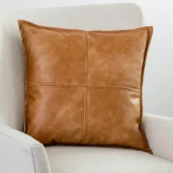 Pillows-Kirkland's Home Cognac Faux Leather Throw Pillow Brown