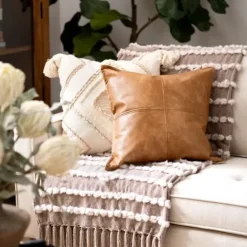 Pillows-Kirkland's Home Cognac Faux Leather Throw Pillow Brown