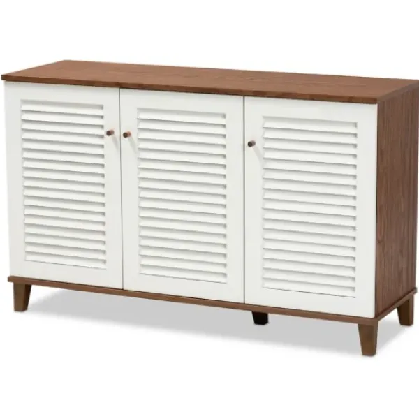 Entryway Furniture-Kirkland's Home Collier Two-Tone 3-Door Shoe Storage Cabinet Brown/White