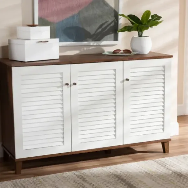 Entryway Furniture-Kirkland's Home Collier Two-Tone 3-Door Shoe Storage Cabinet Brown/White