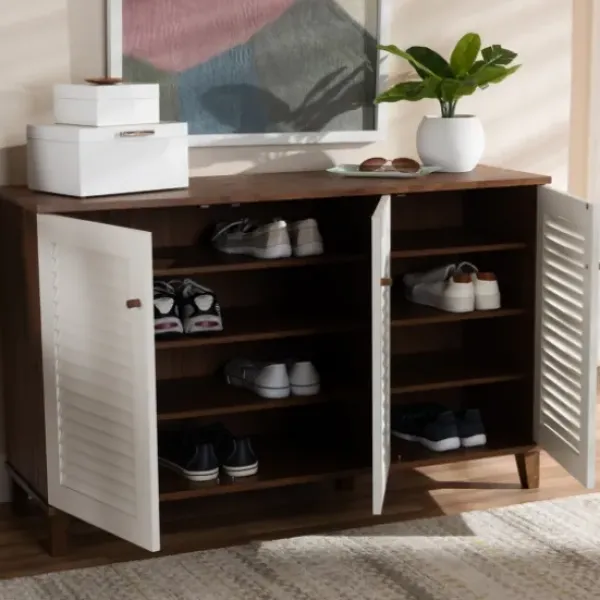 Entryway Furniture-Kirkland's Home Collier Two-Tone 3-Door Shoe Storage Cabinet Brown/White