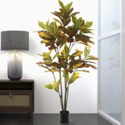 Trees & Topiaries-Kirkland's Home Colorful Croton Tree In Black Planter, 5 Ft.