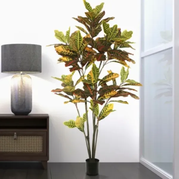 Trees & Topiaries-Kirkland's Home Colorful Croton Tree In Black Planter, 5 Ft.
