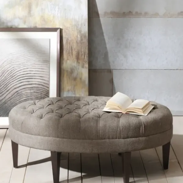 Benches & Ottomans-Kirkland's Home Cory Tufted Beige Linen Ottoman Gray