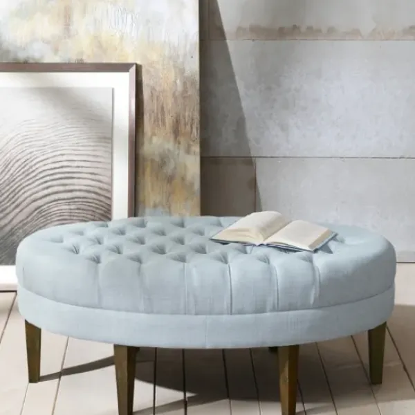 Benches & Ottomans-Kirkland's Home Cory Tufted Dusty Linen Ottoman Blue