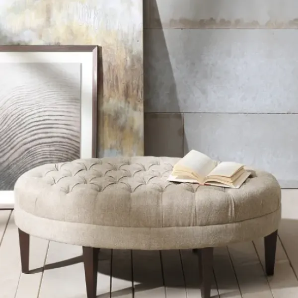Benches & Ottomans-Kirkland's Home Cory Tufted Natural Linen Ottoman Tan