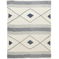 Blankets & Throws-Kirkland's Home Cotton Diamond Geometric Fringe Throw Blue