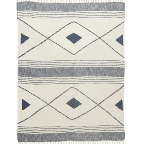 Blankets & Throws-Kirkland's Home Cotton Diamond Geometric Fringe Throw Blue