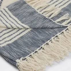 Blankets & Throws-Kirkland's Home Cotton Diamond Geometric Fringe Throw Blue