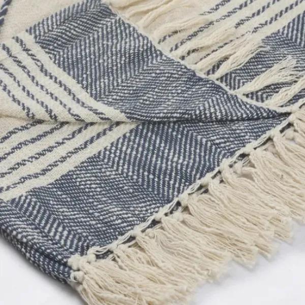 Blankets & Throws-Kirkland's Home Cotton Diamond Geometric Fringe Throw Blue