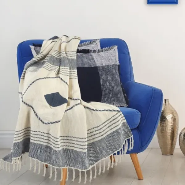 Blankets & Throws-Kirkland's Home Cotton Diamond Geometric Fringe Throw Blue