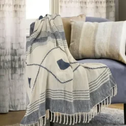 Blankets & Throws-Kirkland's Home Cotton Diamond Geometric Fringe Throw Blue
