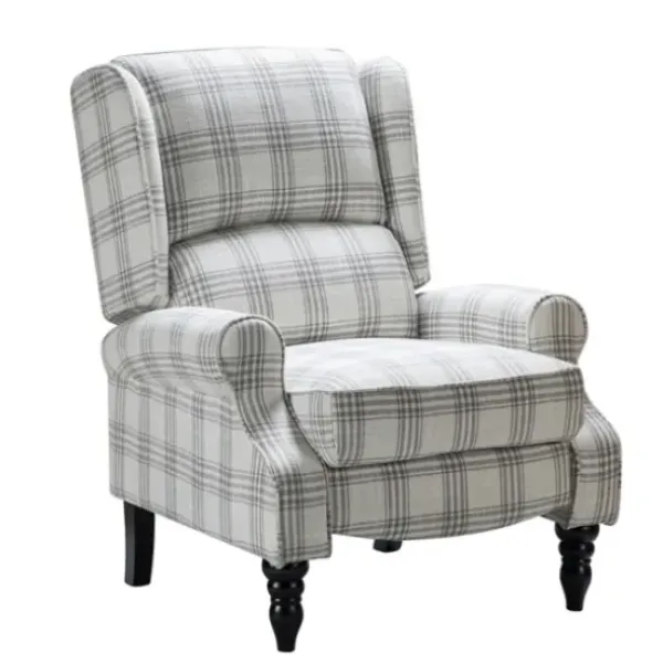 Accent Chairs-Kirkland's Home Cream And Gray Plaid Traditional Recliner Gray/White