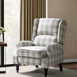 Accent Chairs-Kirkland's Home Cream And Gray Plaid Traditional Recliner Gray/White