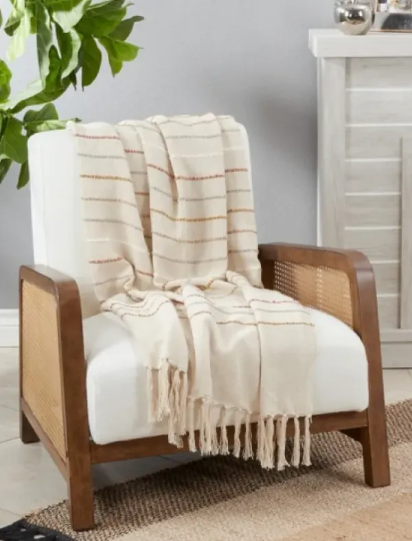 Blankets & Throws-Kirkland's Home Cream And Orange Striped Throw Blanket Ivory/Orange