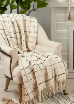 Blankets & Throws-Kirkland's Home Cream Blue Plaid Throw Blanket Ivory