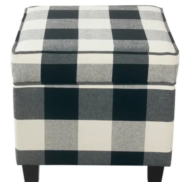 Benches & Ottomans-Kirkland's Home Cream Buffalo Plaid Upholstered Storage Ottoman Black/White